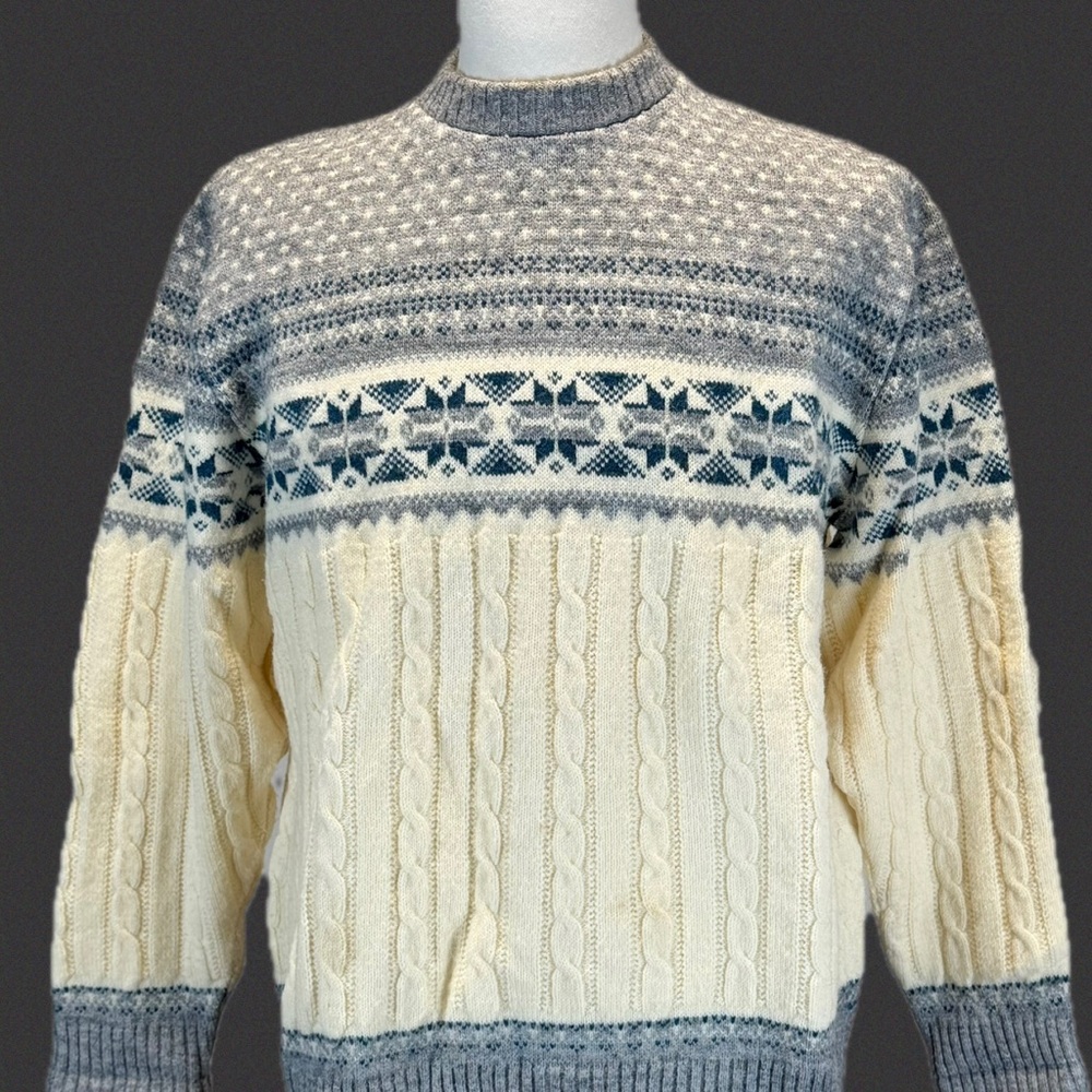 VINTAGE 70s‎ ski sweater mens fair isle blue cable knit cabin mountain lodge XL
